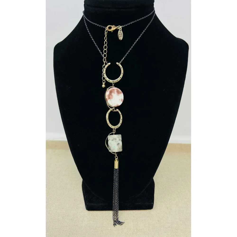 Oliver Bonas Mixed Stone and Tassel Long Pendant Necklace Gold Blue Pink